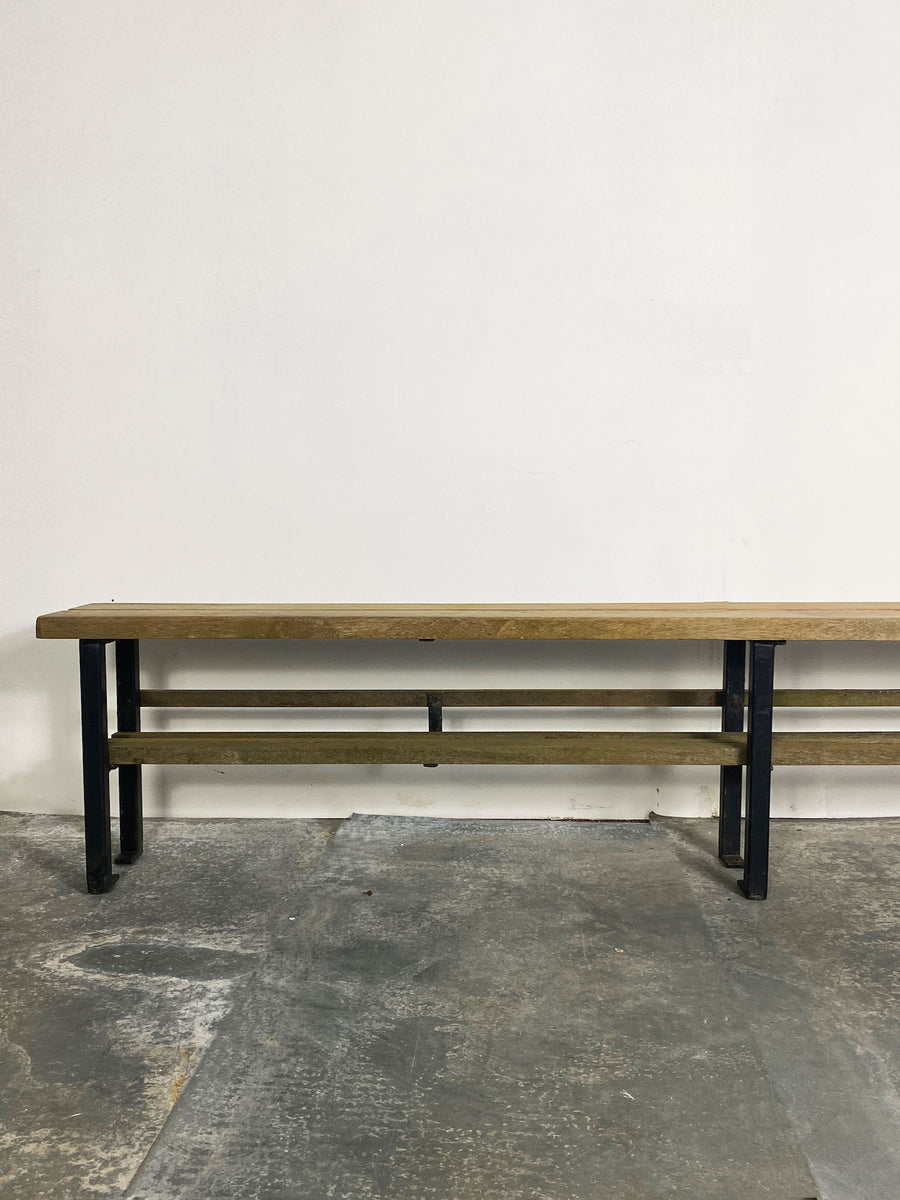 Vintage Teak & Metal School Bench with Shoe Storage