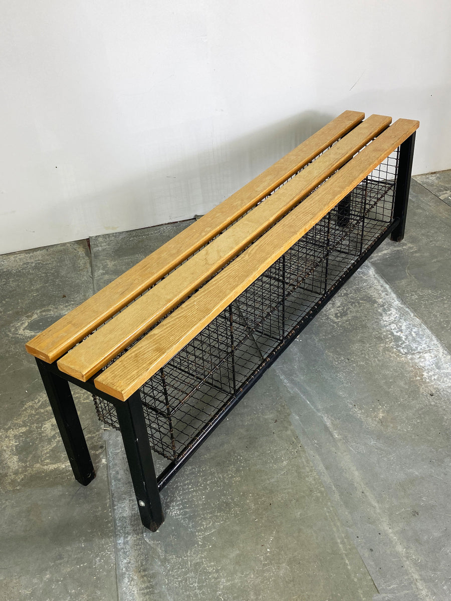 Vintage School Benches with Metal Pigeon Hole Shoe Racks
