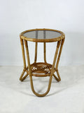 Mid Century Bamboo Round Side Table with Glass Top