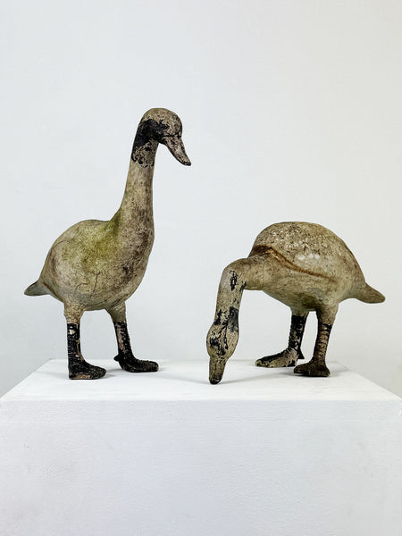 Pair of Weathered Vintage Statues Stone Garden Ducks