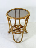 Mid Century Bamboo Round Side Table with Glass Top