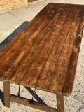 8FT Large Antique English Pine Folding Trestle Farmhouse Dining Table