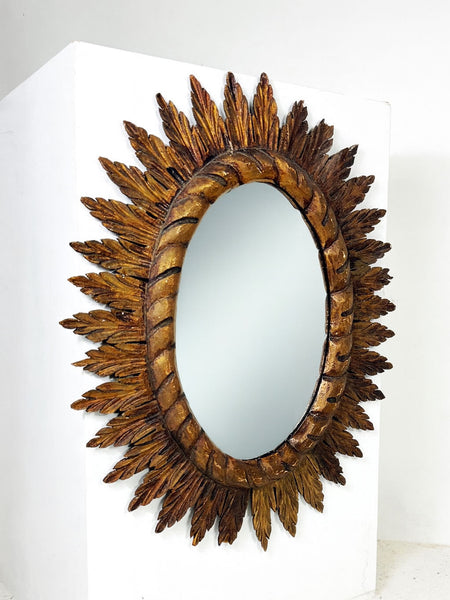 Large Mid Century Vintage Spanish Wooden Sunburst Mirror