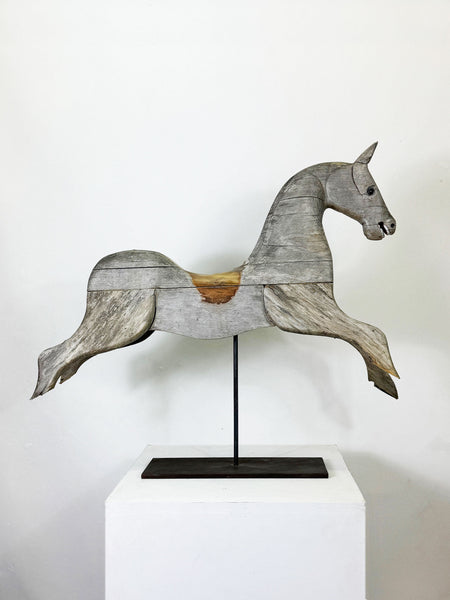 Large Vintage Weathered Rocking Horse Sculpture on Display Stand