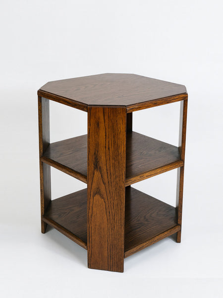 Art Deco Octagonal Oak Side Table with Shelves