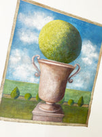 Large Trompe L'oeil Garden Scene Urn & Topiary Ball Oil on Canvas