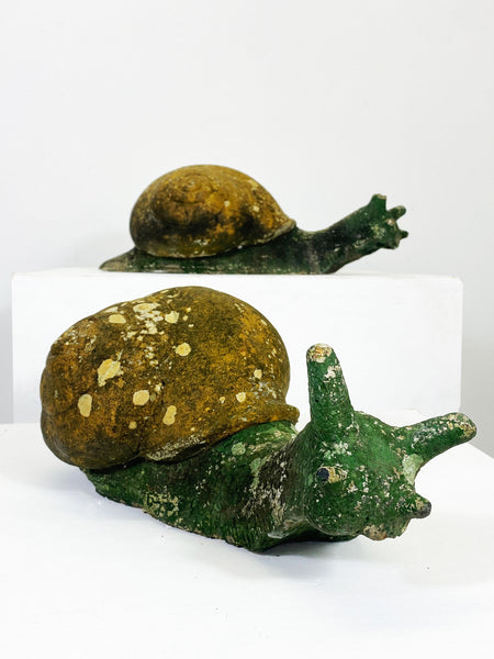 Pair of Weathered Stone Garden Snail Statues