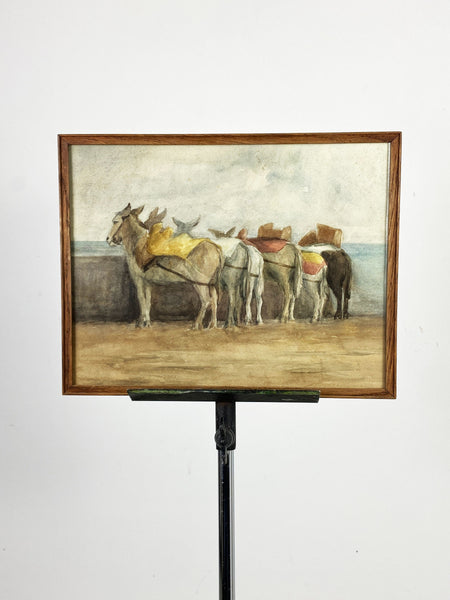 Vintage Watercolour Painting of Donkey Rides at the Beach