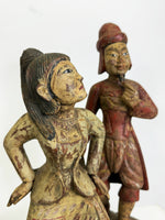 Antique Pair of Hand Carved Painted Wooden Oriental Figures