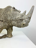 Large Vintage Weathered Hand Carved Wooden Statue of a Rhino