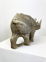 Large Vintage Weathered Hand Carved Wooden Statue of a Rhino