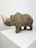 Large Vintage Weathered Hand Carved Wooden Statue of a Rhino