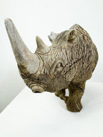 Large Vintage Weathered Hand Carved Wooden Statue of a Rhino