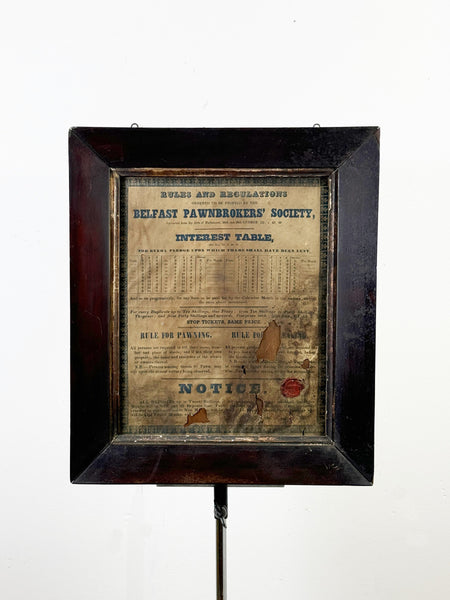 Belfast Pawnbroker Society, Framed Rules & Regulations, 1842