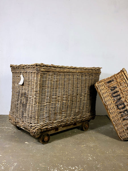 19th Century Mill Laundry Basket on Cast Iron Wheels