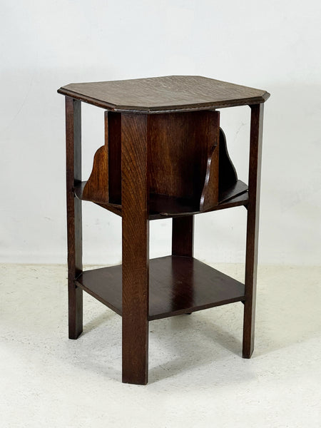 1920's Oak Hexagonal Side Table with Rotating Bookshelf