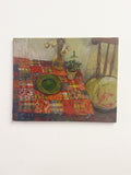 Mid-Century Still Life Oil Painting on Canvas Interior Scene with Patchwork Tablecloth