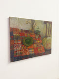 Mid-Century Still Life Oil Painting on Canvas Interior Scene with Patchwork Tablecloth