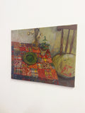 Mid-Century Still Life Oil Painting on Canvas Interior Scene with Patchwork Tablecloth