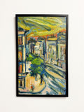 Mid Century Abstract Cityscape, Signed Oil Painting