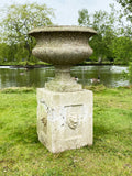 Pair of Weathered Urns on Plinths