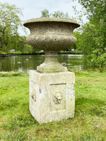 Pair of Weathered Urns on Plinths